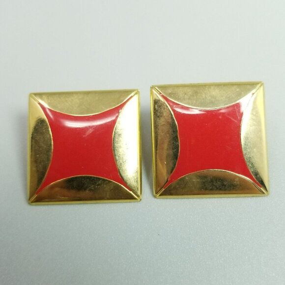 Vintage Red Enamel and Gold Tone Square Stud Earrings, Retro 80s Style - Picture 1 of 6
